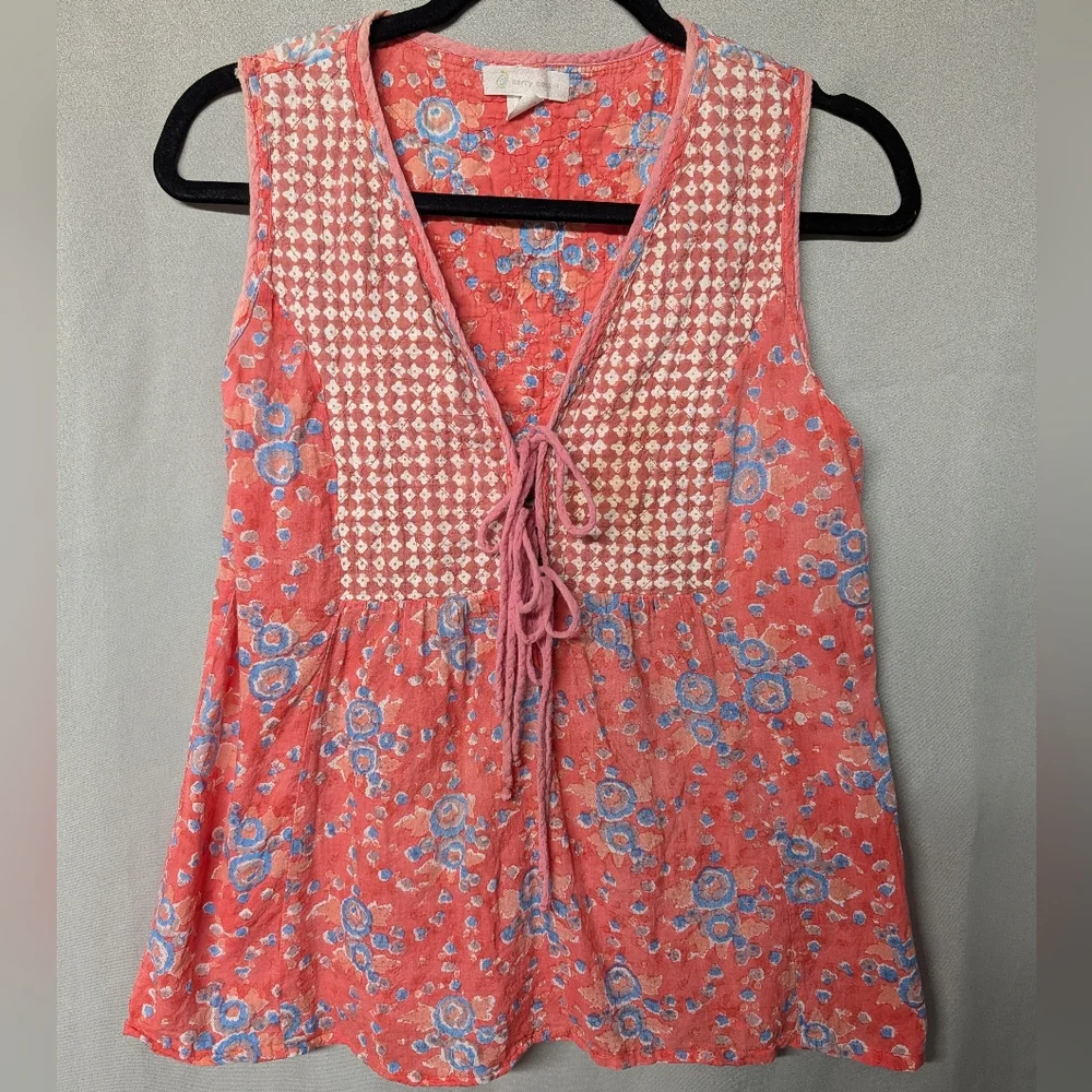 Boho Floral Quilted Embroidered Lace-Up Blouse Tunic - Coral and Blue